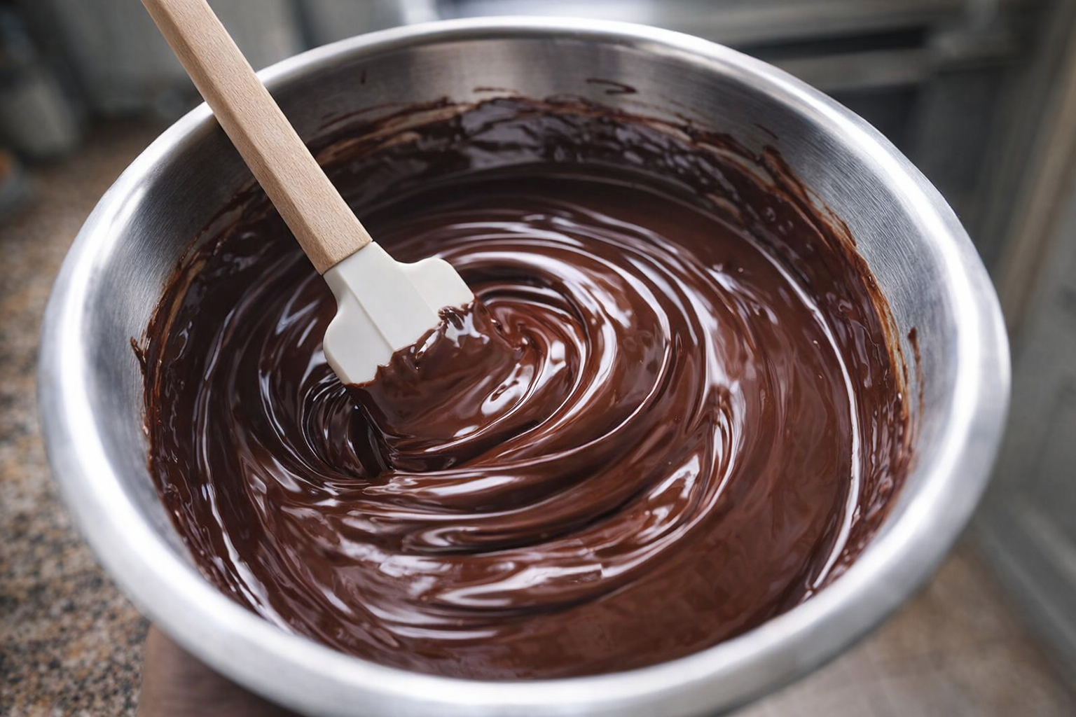A top-down shot of perfectly melted dark chocolate in a stainless steel bowl, smooth and glossy, with a spatula resting inside, studio lighting